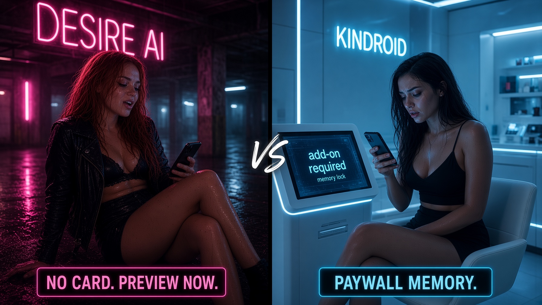 Rain-soaked garage preview versus Kindroid lounge kiosk saying add-on required