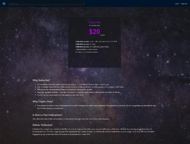 Chub AI subscription page as of 2026-10-15: $20/month, crypto-only