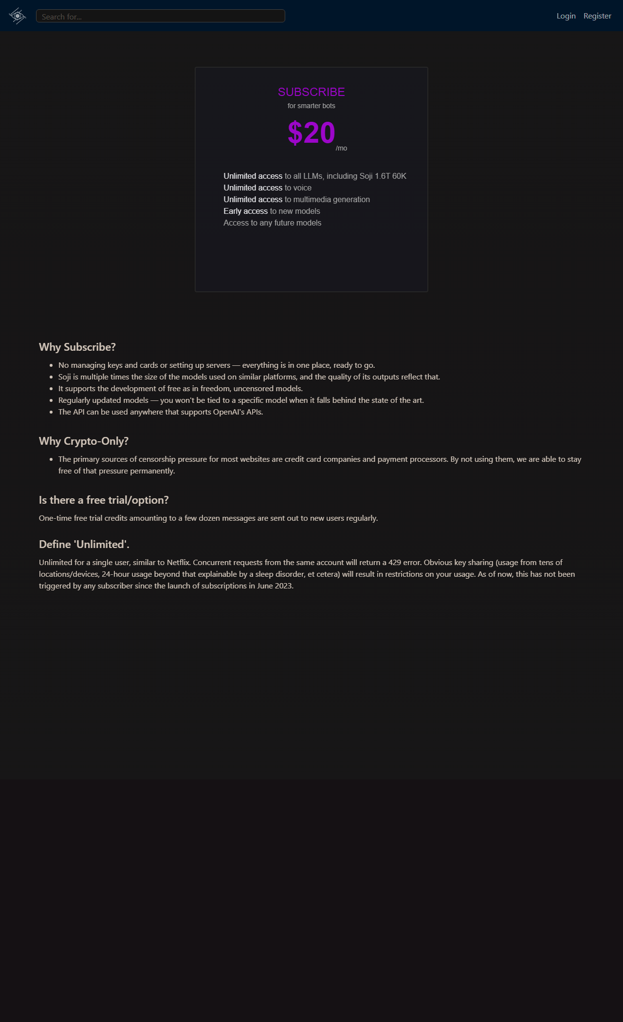 Chub AI subscription page as of 2026-08-20, captured for Desire AI review
