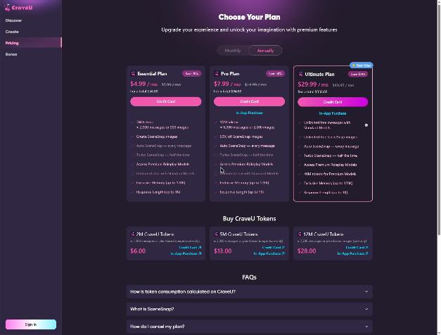 CraveU pricing page, annual view, as of 2026-10-15: Essential $4.99, Pro $7.99, Ultimate $29.99 per month billed yearly