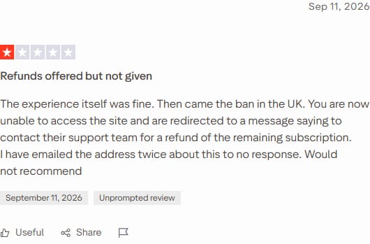 Trustpilot review of EroPlay dated 11 September 2026, 1 star, titled 'Refunds offered but not given'