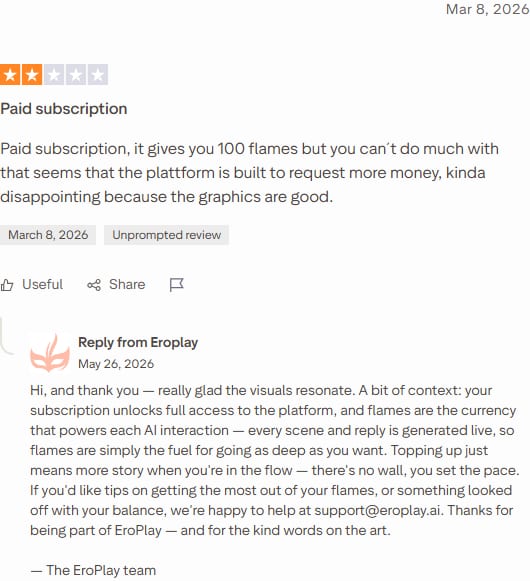 Trustpilot review of EroPlay dated 9 March 2026, 2 stars, titled 'Paid subscription'