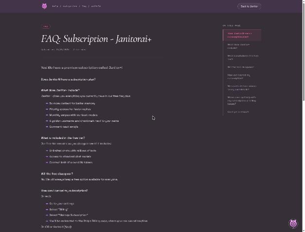 Janitor AI subscription FAQ as of 2026-10-15, page dated 25/06/2026