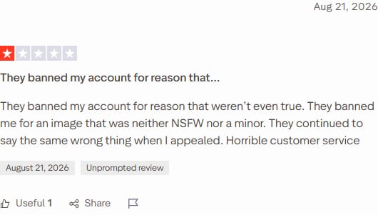 Trustpilot review of Janitor AI dated 21 August 2026, 1 star, titled 'They banned my account for reason that'