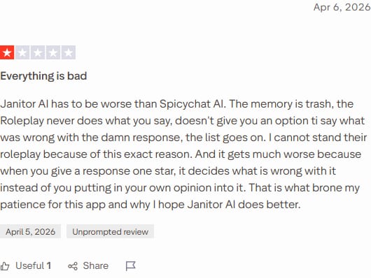 Trustpilot review of Janitor AI dated 7 April 2026, 1 star, titled 'Everything is bad'