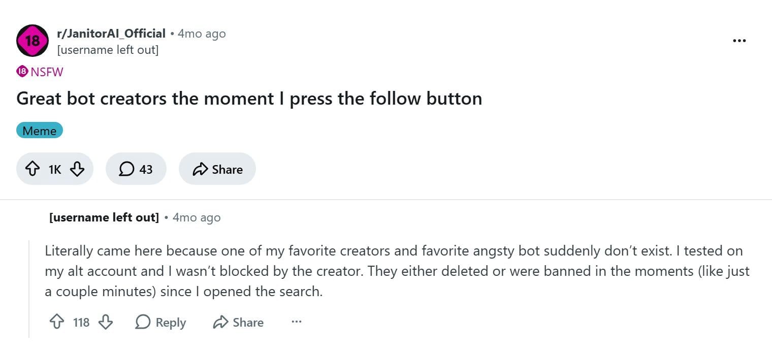 r/JanitorAI_Official thread and reply from 6 June 2026, captured 15 October 2026 with usernames hidden: a user says a favourite creator and bot suddenly no longer exist