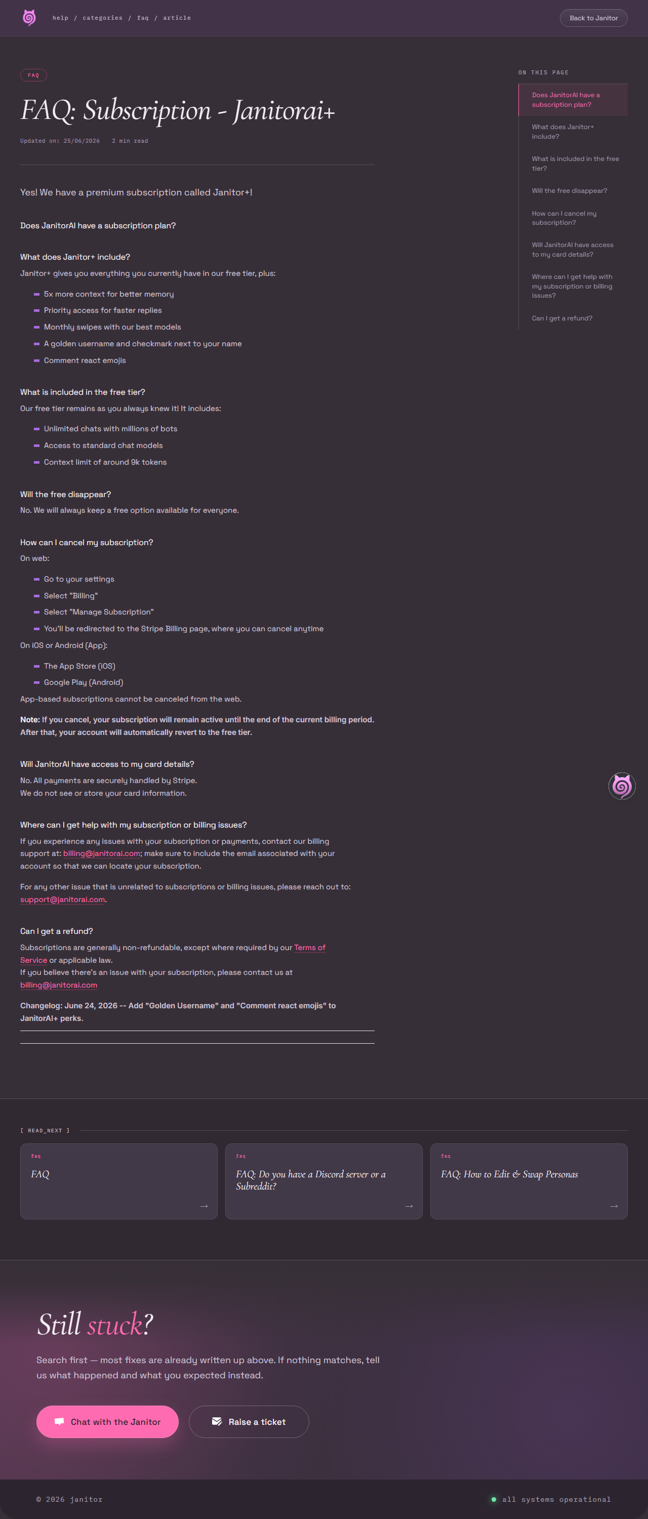 Janitor AI Subscription FAQ as of 2026-08-20, captured for Desire AI review