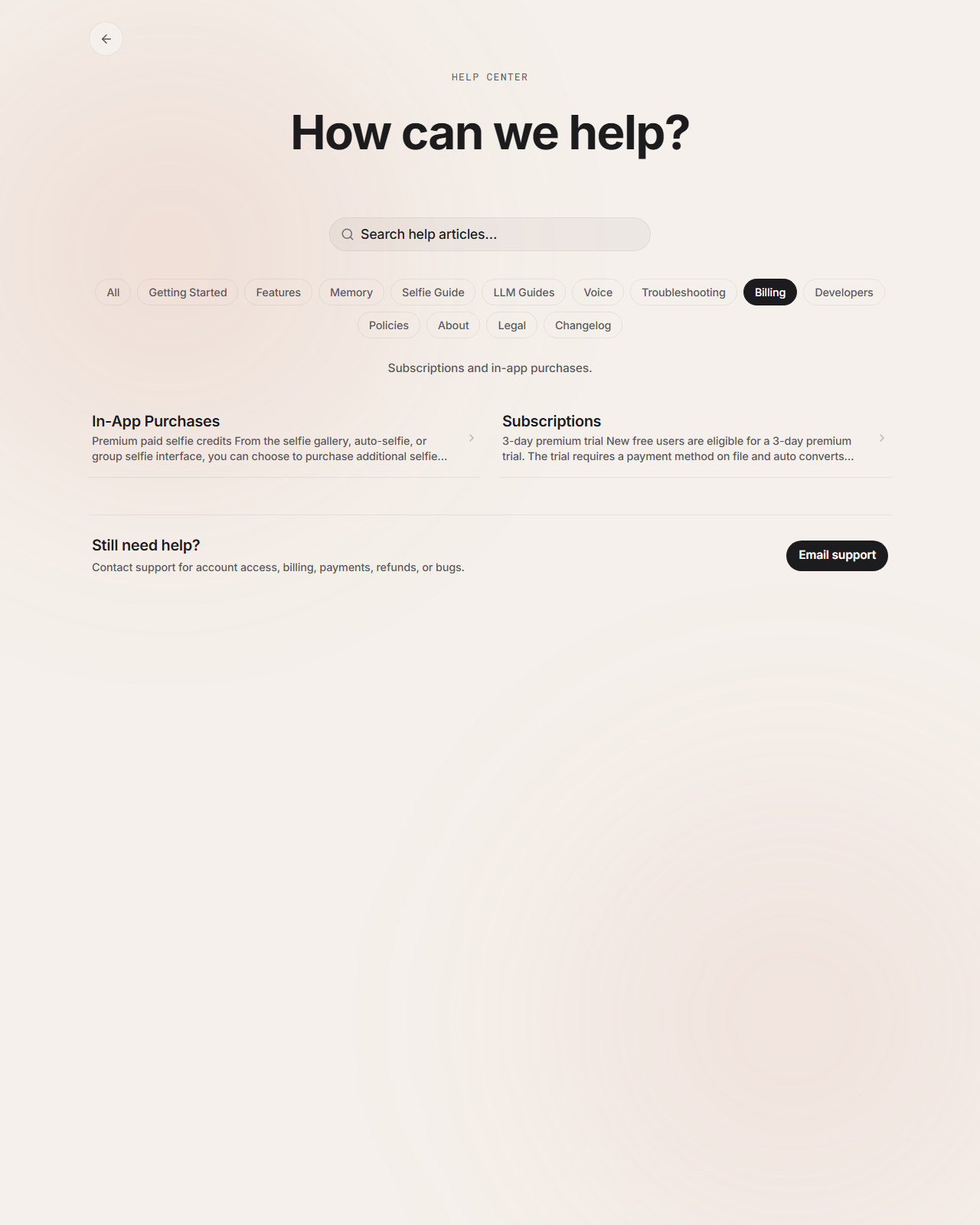 Kindroid help-center Billing category as of 2026-08-20, captured for Desire AI review