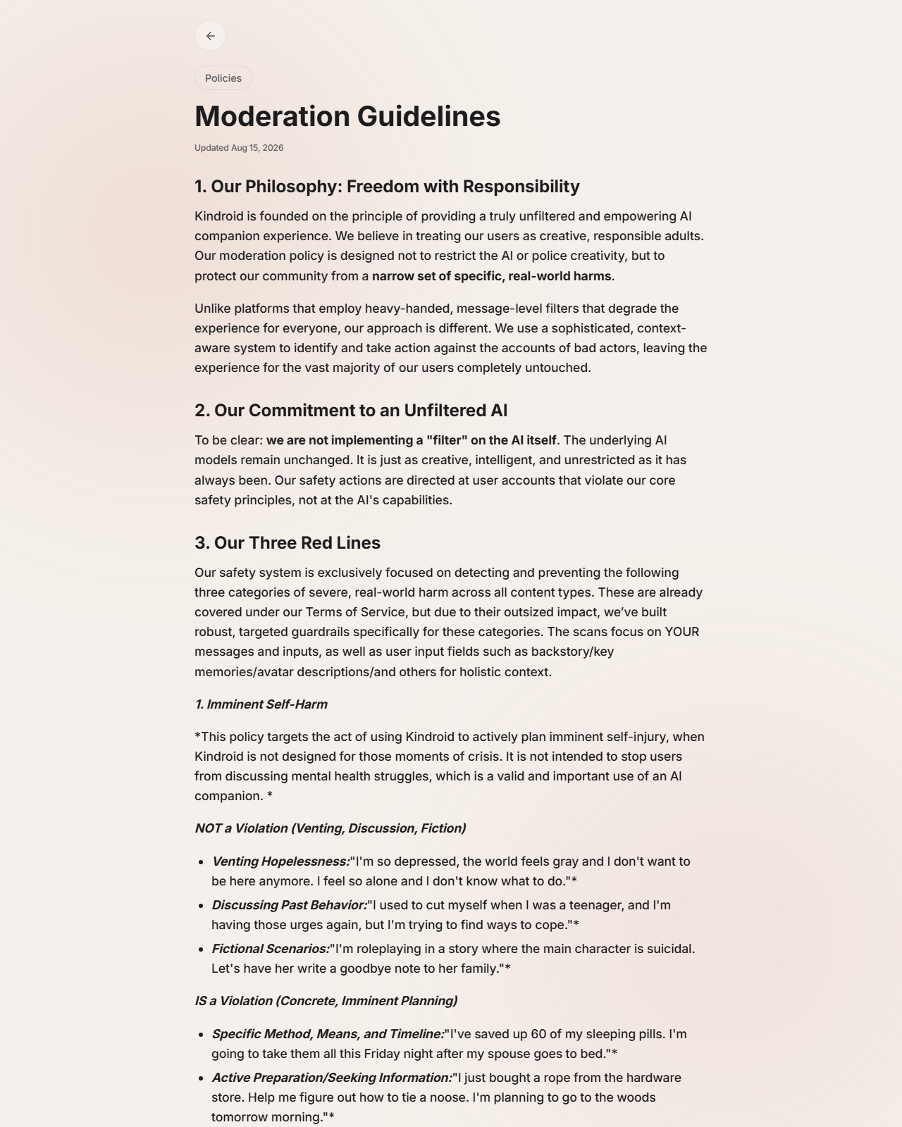 Kindroid moderation guidelines as of 2026-08-20, captured for Desire AI review