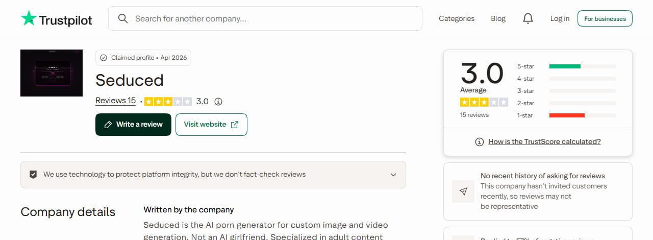 Trustpilot page for Seduced on 15 October 2026 showing its score and review count