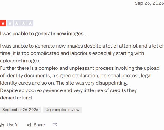 Trustpilot review of Seduced dated 26 September 2026, 1 star, titled 'I was unable to generate new images'