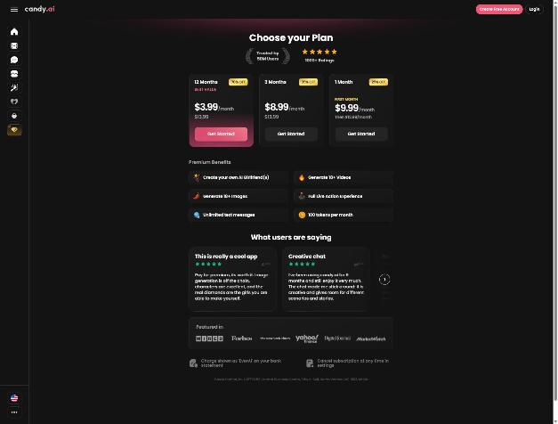 Candy.ai subscriptions page as of 2026-10-15: 12 months $3.99/mo, 3 months $8.99/mo, 1 month $9.99 first month then $13.99/mo