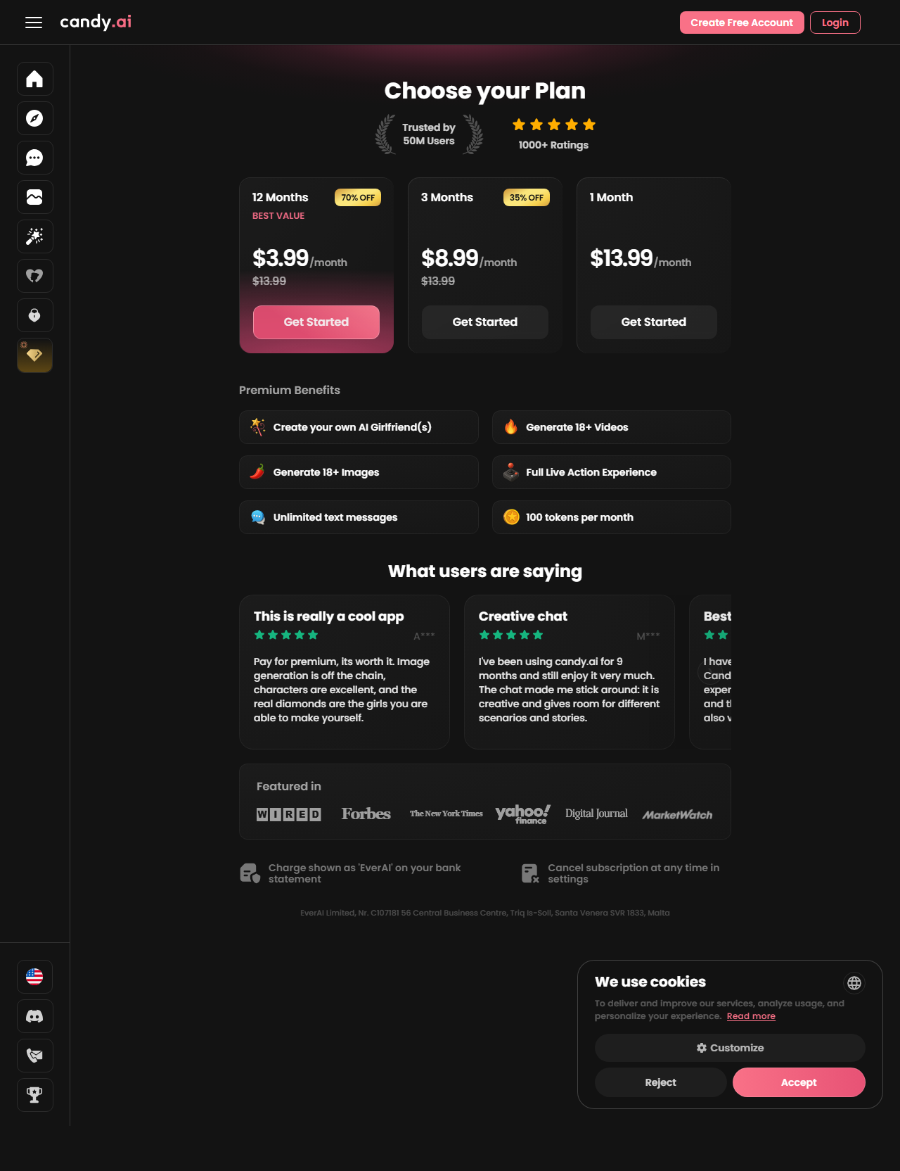 Candy.ai subscriptions page as of 2026-08-20, captured for Desire AI review