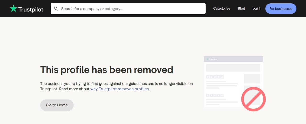 Trustpilot page for candy.ai on 15 October 2026: 'This profile has been removed', saying the business goes against Trustpilot's guidelines