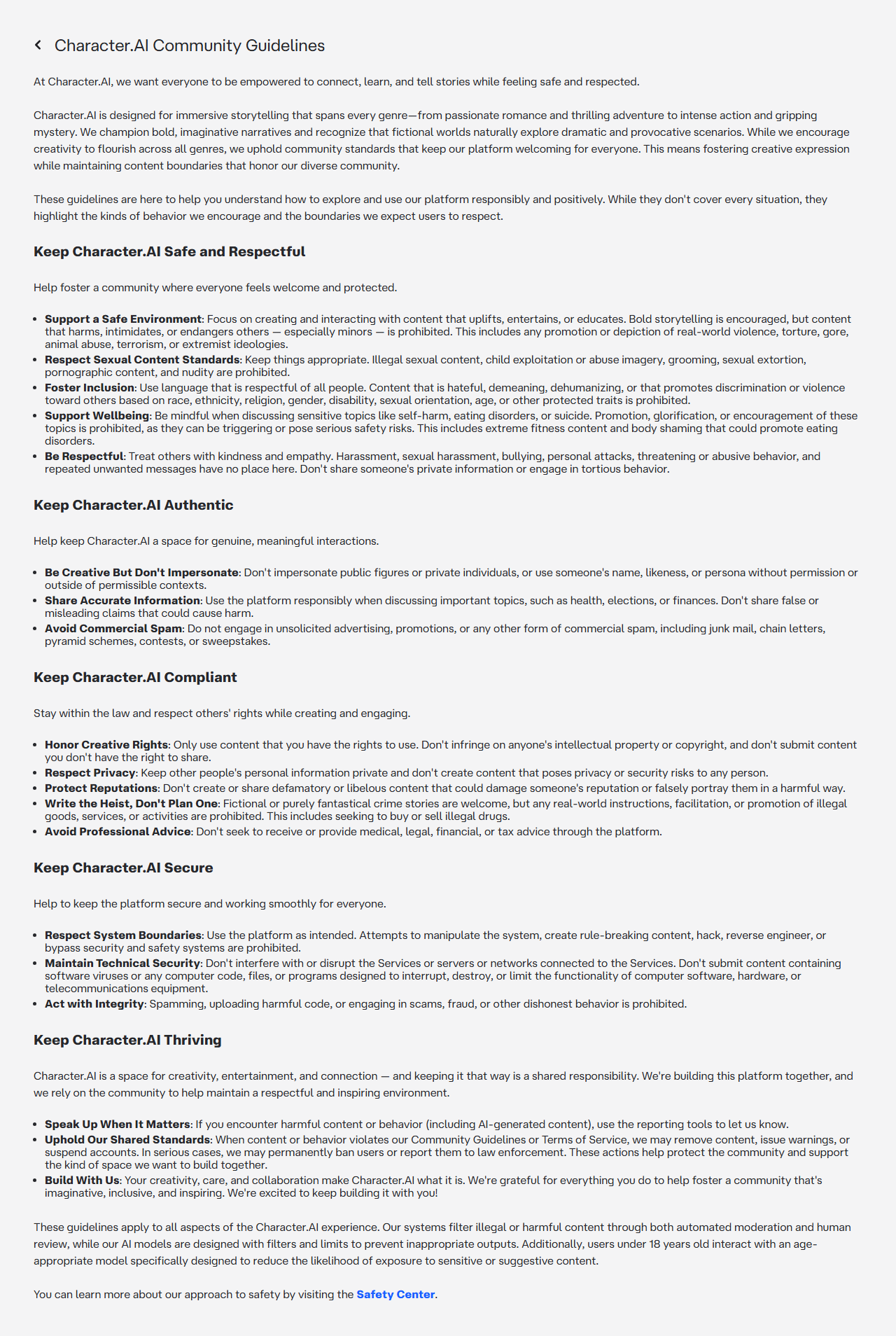 Character.AI community guidelines as of 2026-08-20, captured for Desire AI review