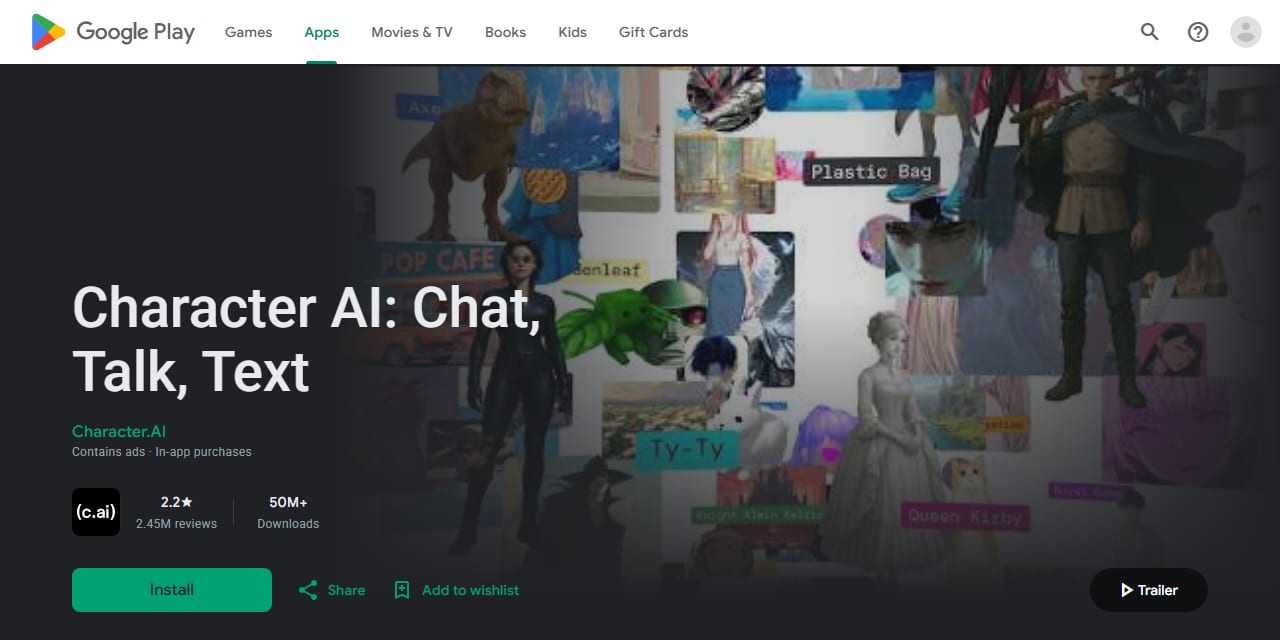 Character.AI Google Play listing on 15 October 2026 showing 2.2 stars from 2.45 million reviews