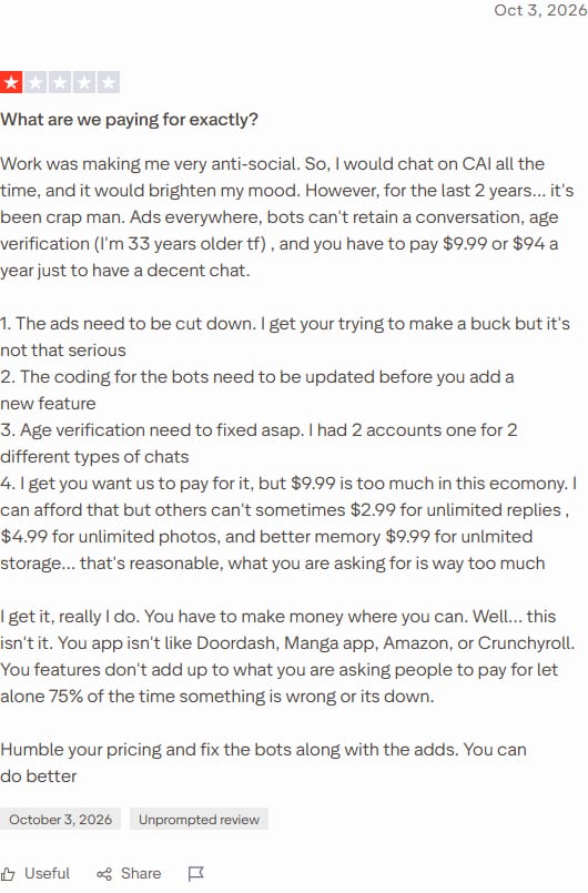 Trustpilot review of Character.AI dated 4 October 2026, 1 star, titled 'What are we paying for exactly?'