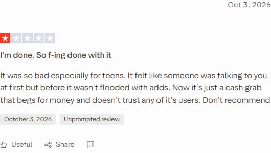 Trustpilot review of Character.AI dated 3 October 2026, 1 star, titled 'I'm done. So f-ing done with it'