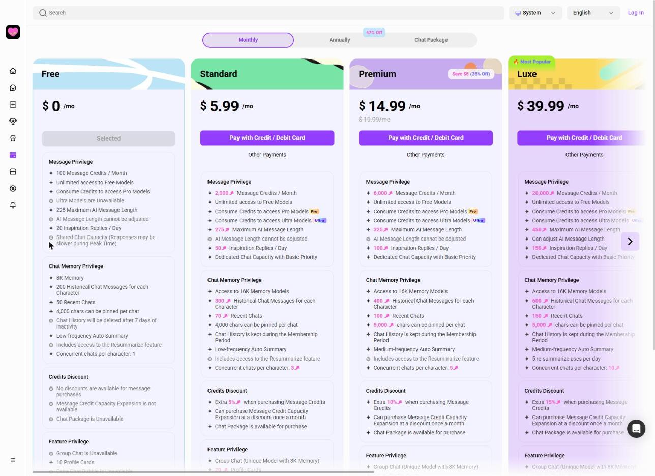 CrushOn.ai pricing page, monthly tab, as of 2026-10-15, captured for Desire AI review: Free $0, Standard $5.99/mo, Premium $14.99/mo, Luxe $39.99/mo