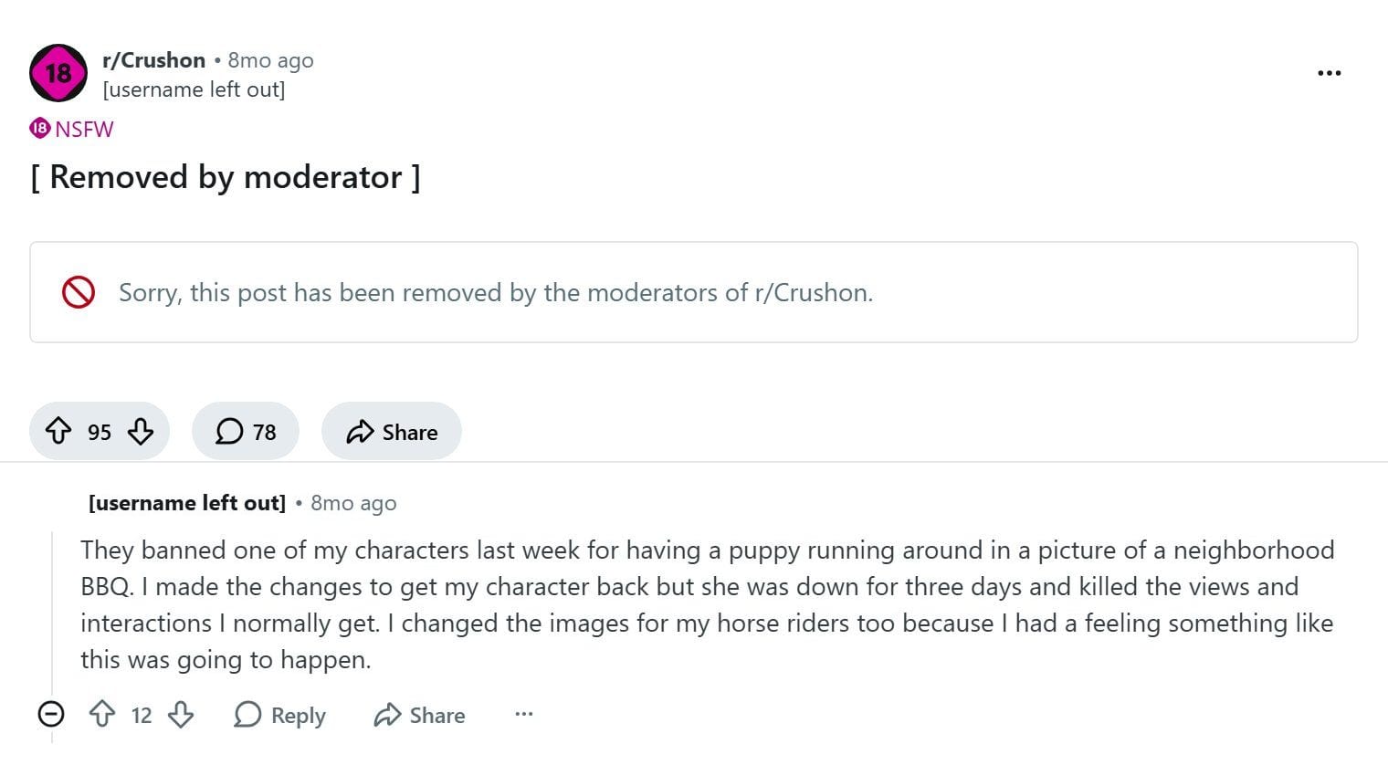 r/Crushon thread later removed by its moderators, and a reply from 20 February 2026, captured 15 October 2026 with usernames hidden: a creator says CrushOn banned their character over a puppy in a picture
