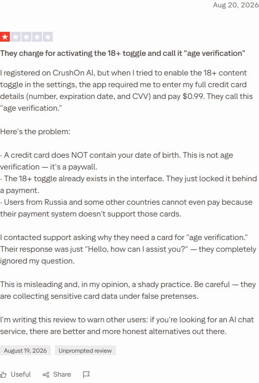 Trustpilot review of CrushOn dated 20 August 2026, 1 star, titled 'They charge for activating the 18+ toggle and call it "age verification"'
