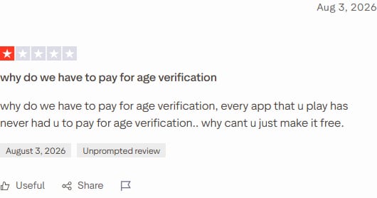 Trustpilot review of CrushOn dated 3 August 2026, 1 star, titled 'why do we have to pay for age verification'