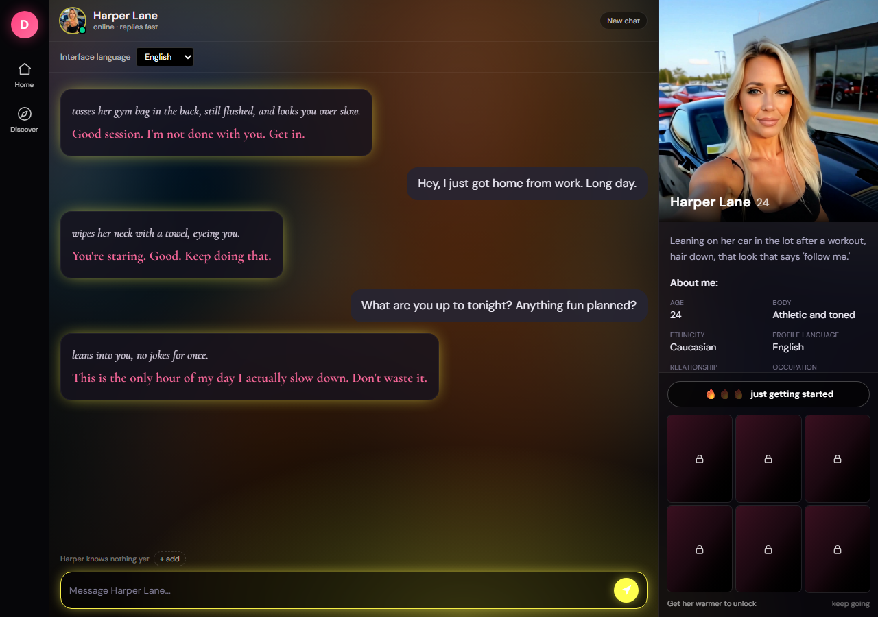 Desire AI chat with Harper Lane on 28 September 2026: two user messages and two in-character replies, no advertisement anywhere in the thread