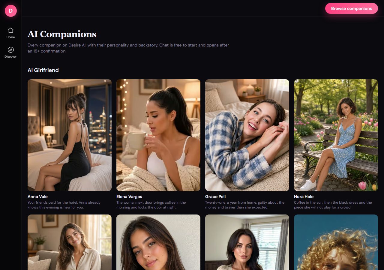 Desire AI companions page on 15 October 2026 showing the team-made character roster