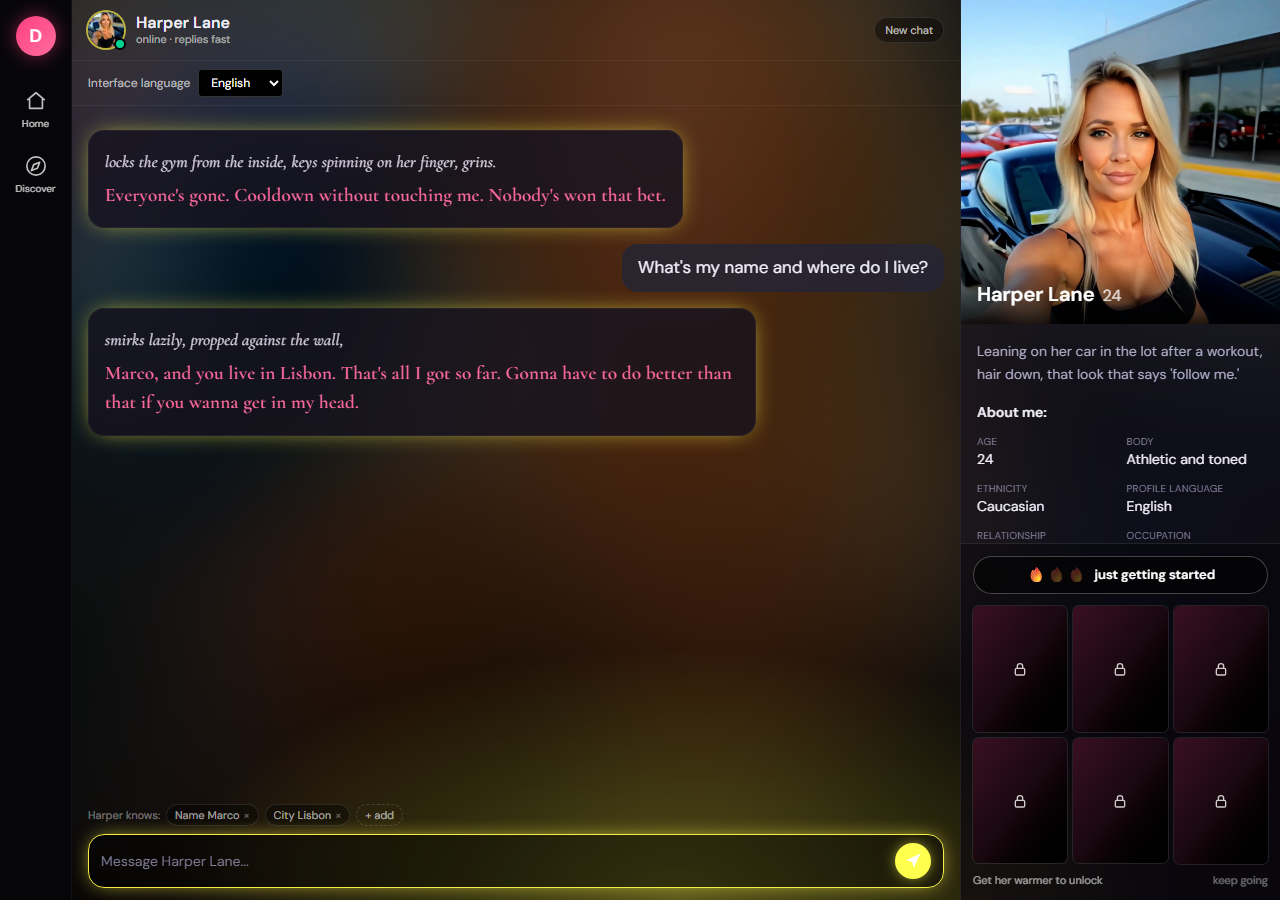 Desire AI new chat with Harper Lane on 28 September 2026 answering 'Marco, and you live in Lisbon' with Name Marco and City Lisbon pins shown under the message box