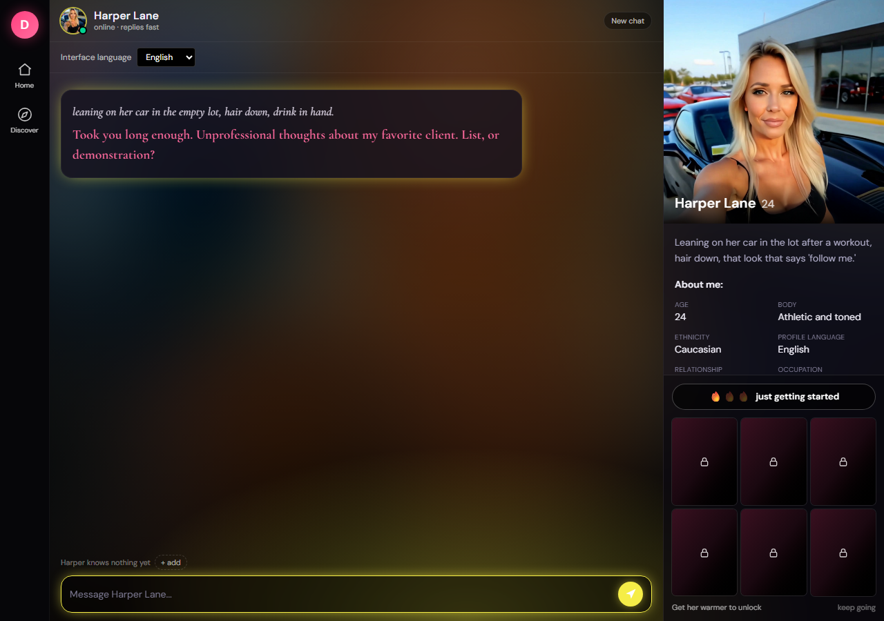 Desire AI chat with Harper Lane on 28 September 2026 open without any sign-up: her opening line and an empty message box