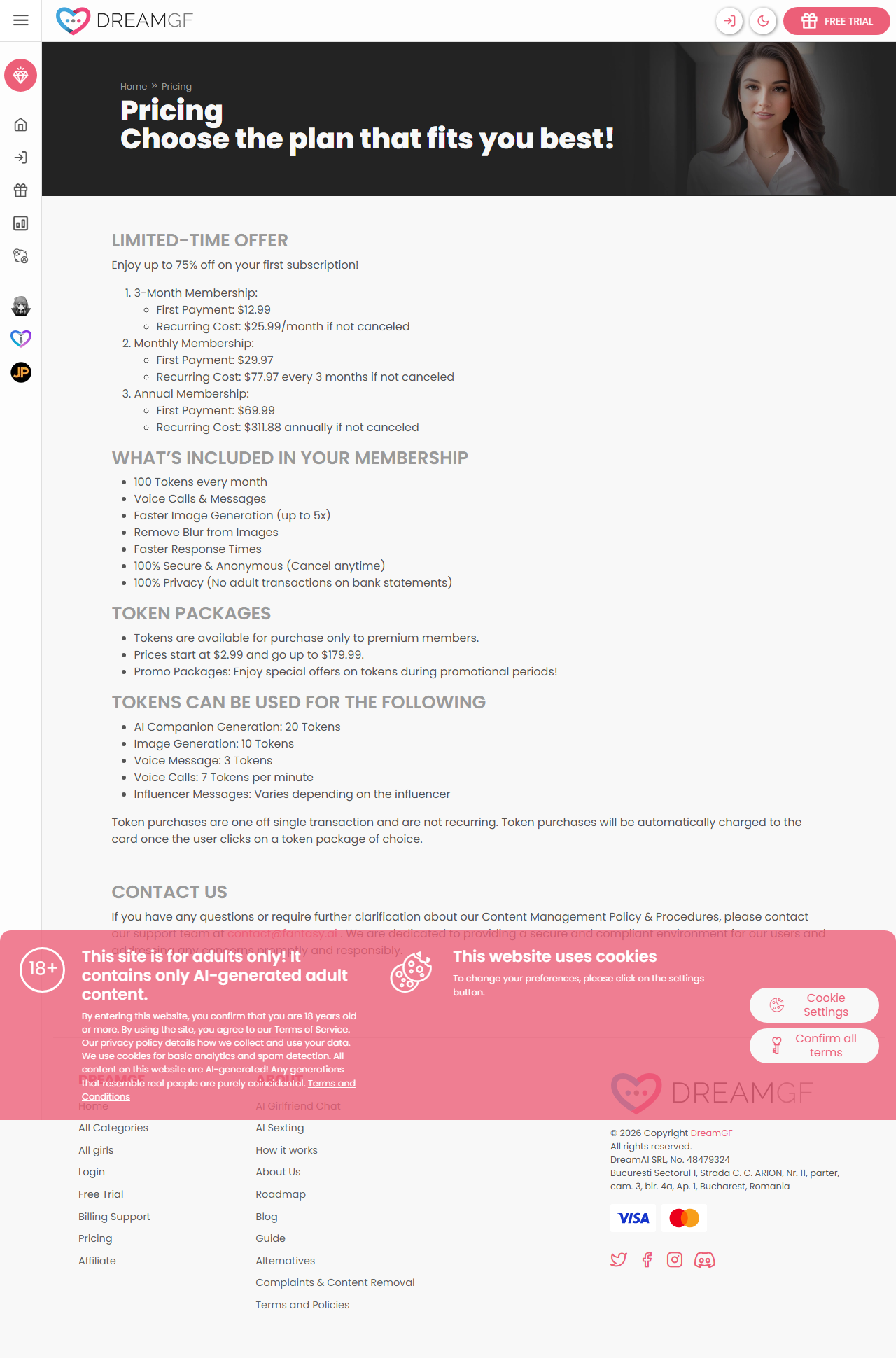 DreamGF pricing page as of 2026-08-20, captured for Desire AI review