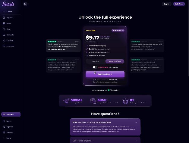 Secrets AI store page as of 2026-10-15: Premium $9.17/month billed $109.99 yearly
