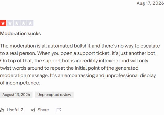 Trustpilot review of SpicyChat dated 17 August 2026, 1 star, titled 'Moderation sucks'