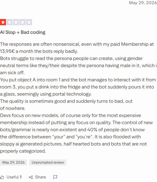 Trustpilot review of SpicyChat dated 29 May 2026, 1 star, titled 'AI Slop + Bad coding'